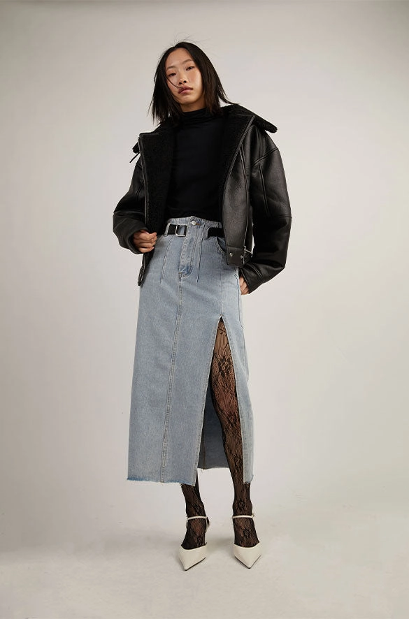 Simple Comfort BELTED JEAN MIDI SKIRT