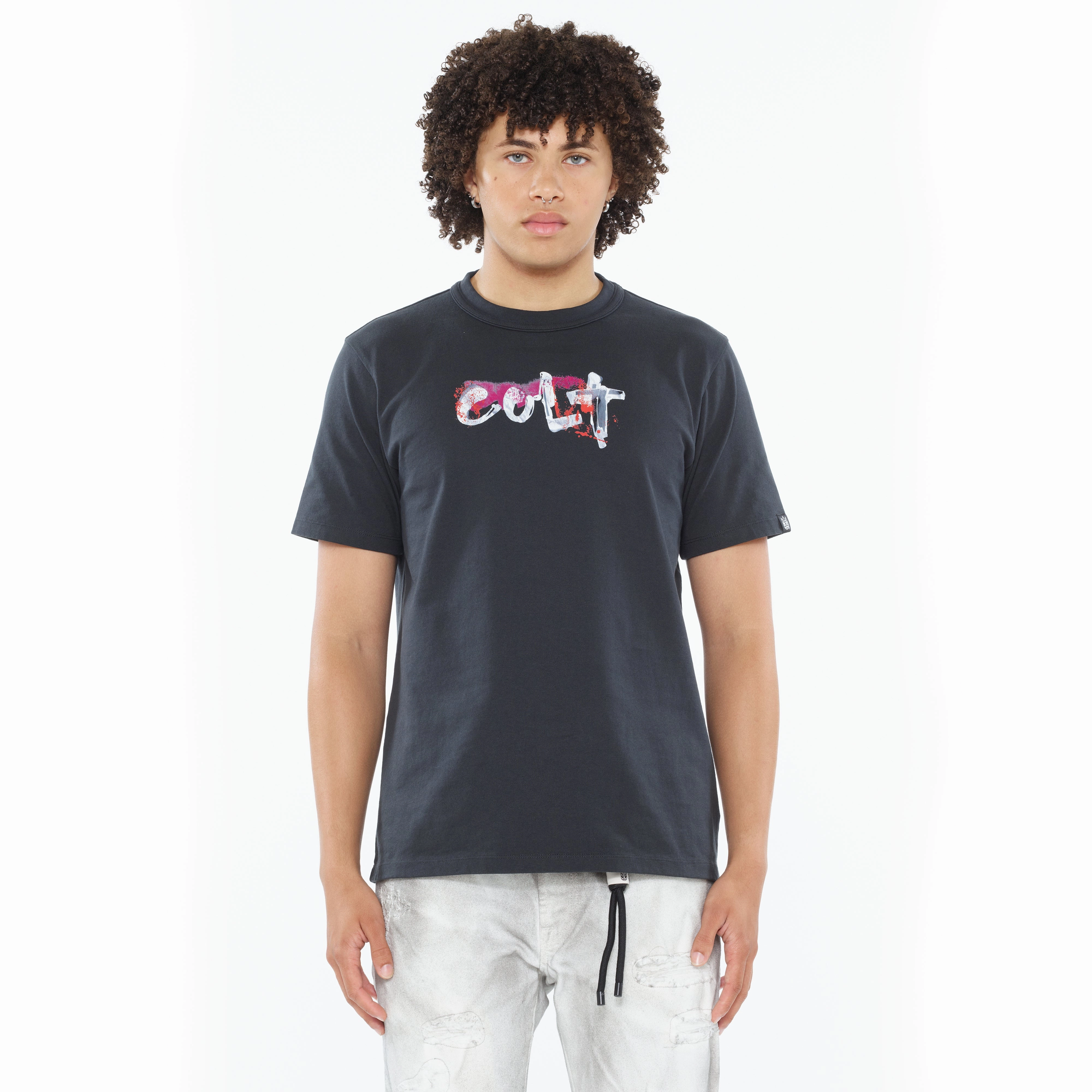 layerable Collared formality Cult's Heavyweight Short Sleeve Crew Neck Tee "Artist Logo" in Steel