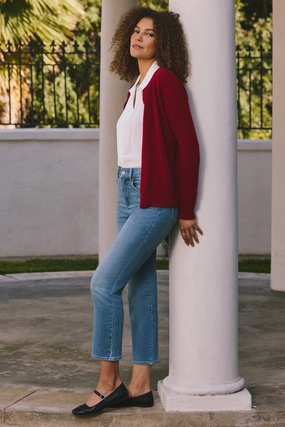 Hypoallergenic Wool Mix Cashmere Crewneck Cardigan - Red