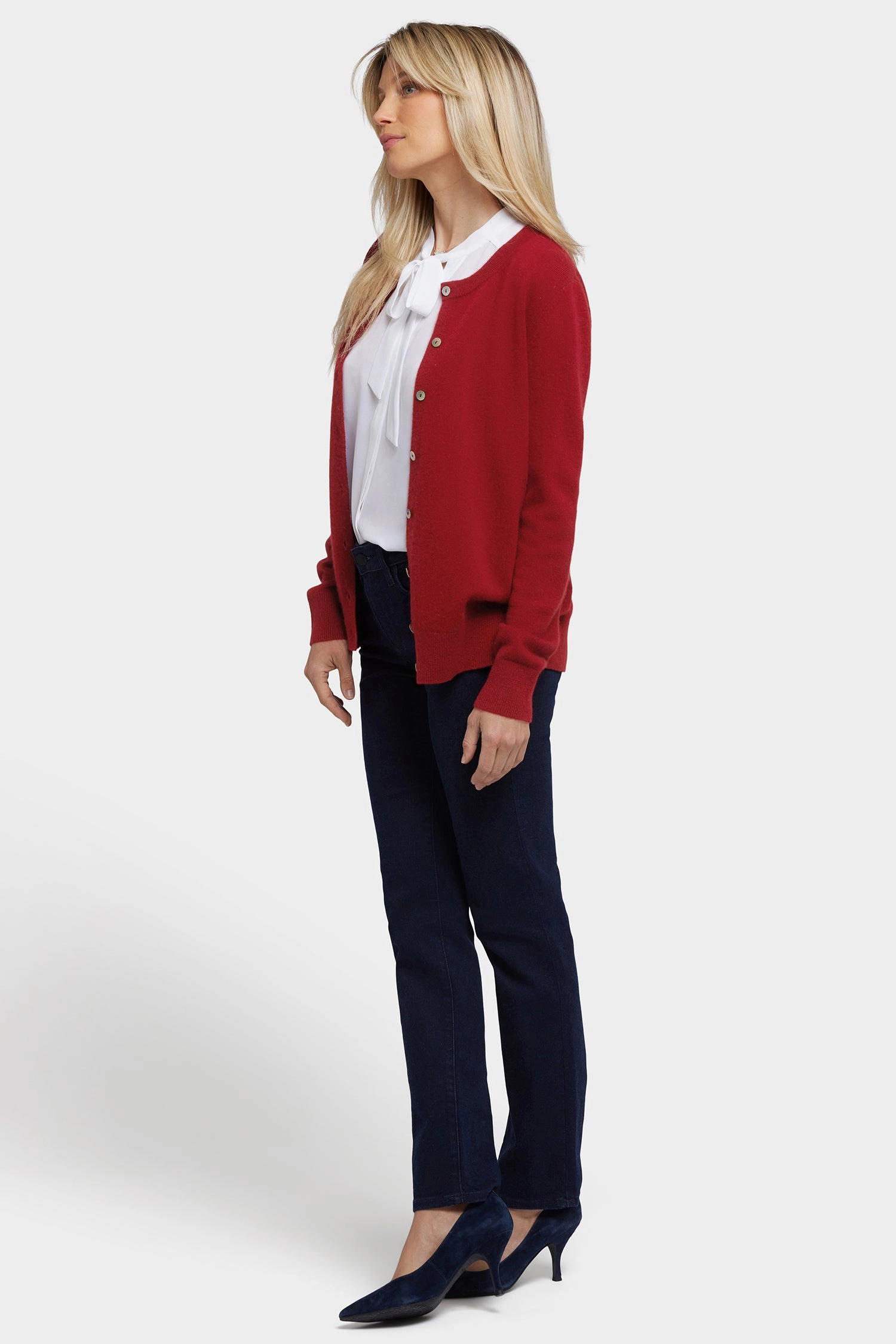 Cashmere Crewneck Cardigan - Red Lightweight Warmth Static Reducing Finish