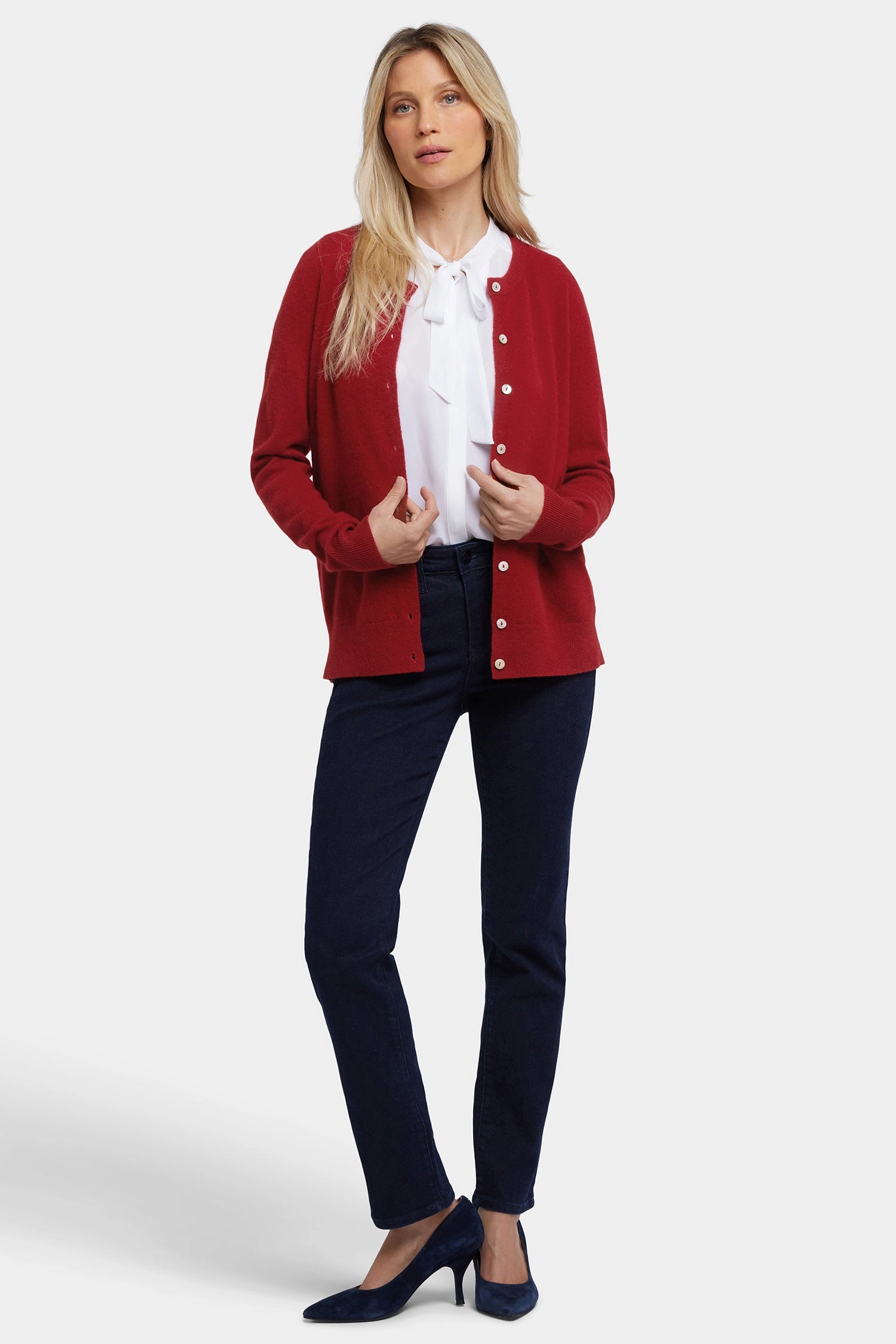 Lightweight Merino Cozy Waist Cashmere Crewneck Cardigan - Red