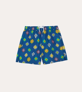 Outdoor Activity Blue Kilim Print Nylon Drawstring Swim Shorts