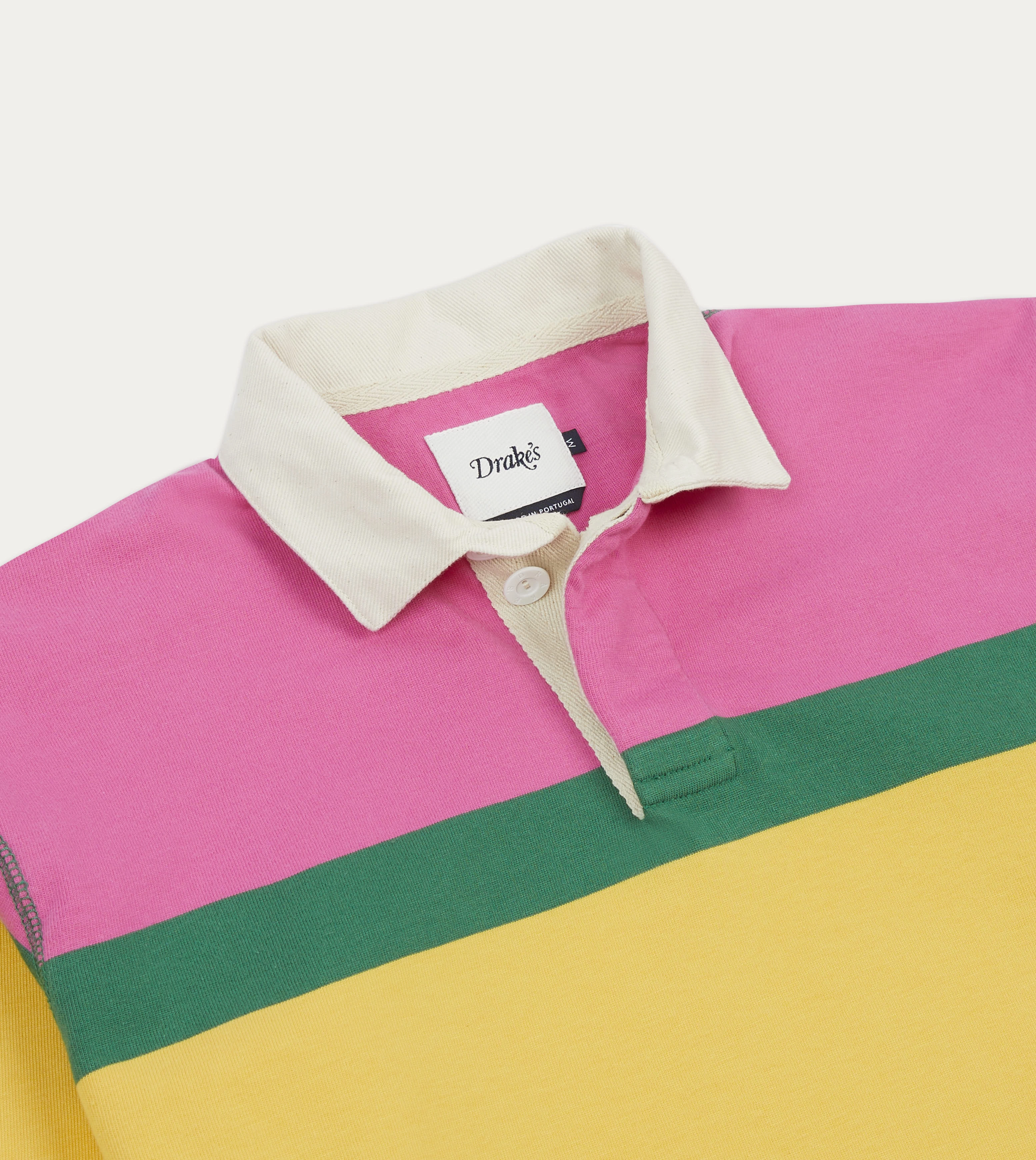 Tagless Design Unstructured Shoulder Pink, Green, Yellow and Navy Multi Stripe Cotton Rugby Shirt