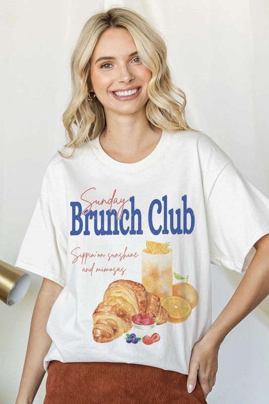 Sunday Brunch Club Oversized Graphic Tee Elastic Fit Ribbed Collar Trim