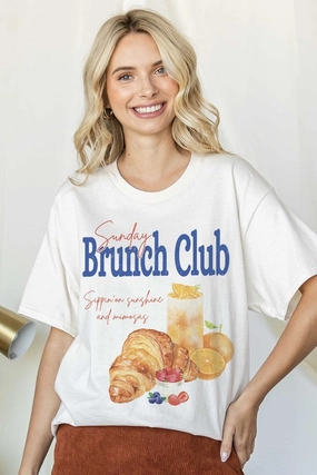 Distressed Hem Finish Casual Ease Sunday Brunch Club Oversized Graphic Tee