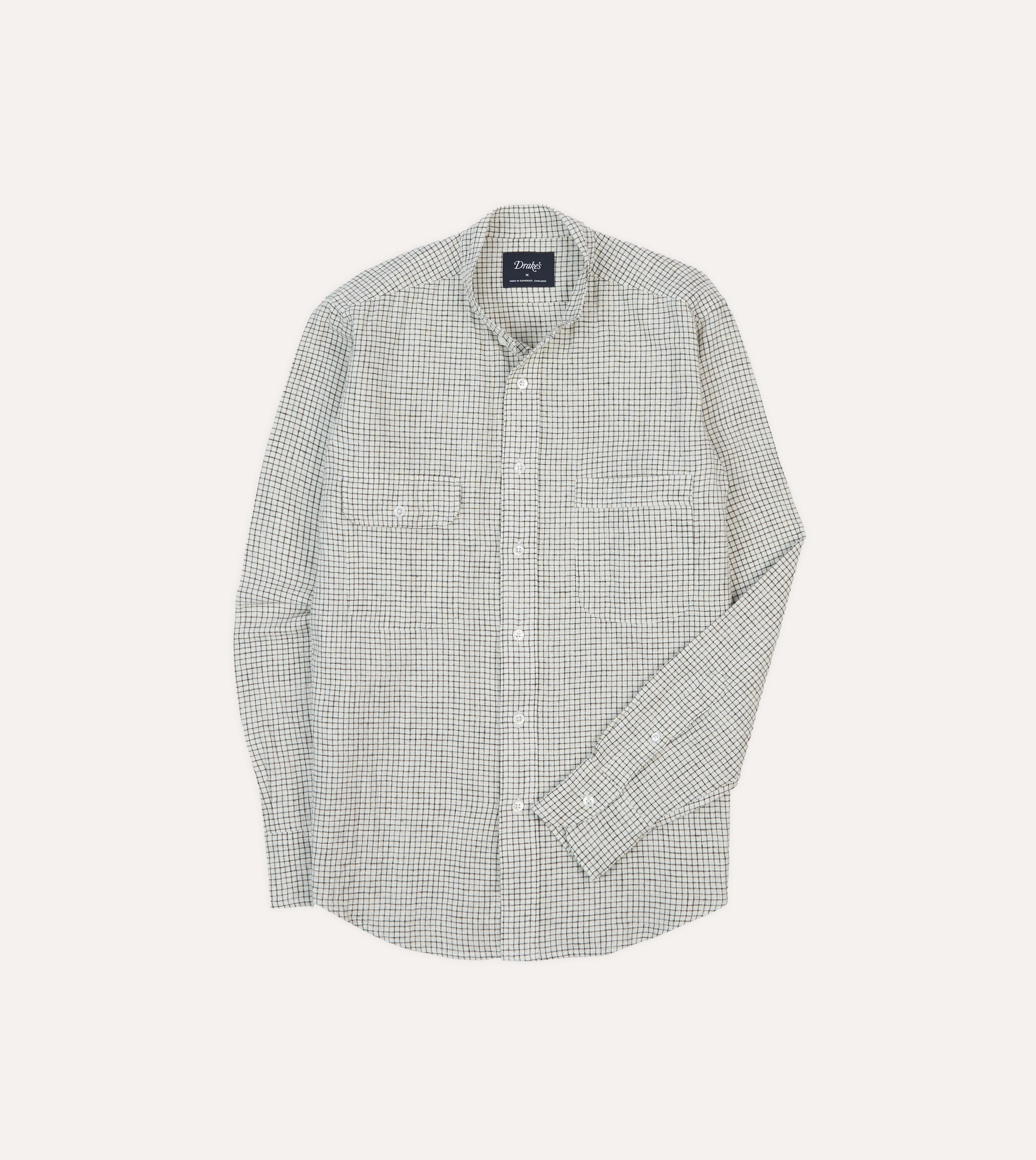 Comfy Wear Holiday Gift Ecru Check Linen-Cotton Mandarin Collar Shirt