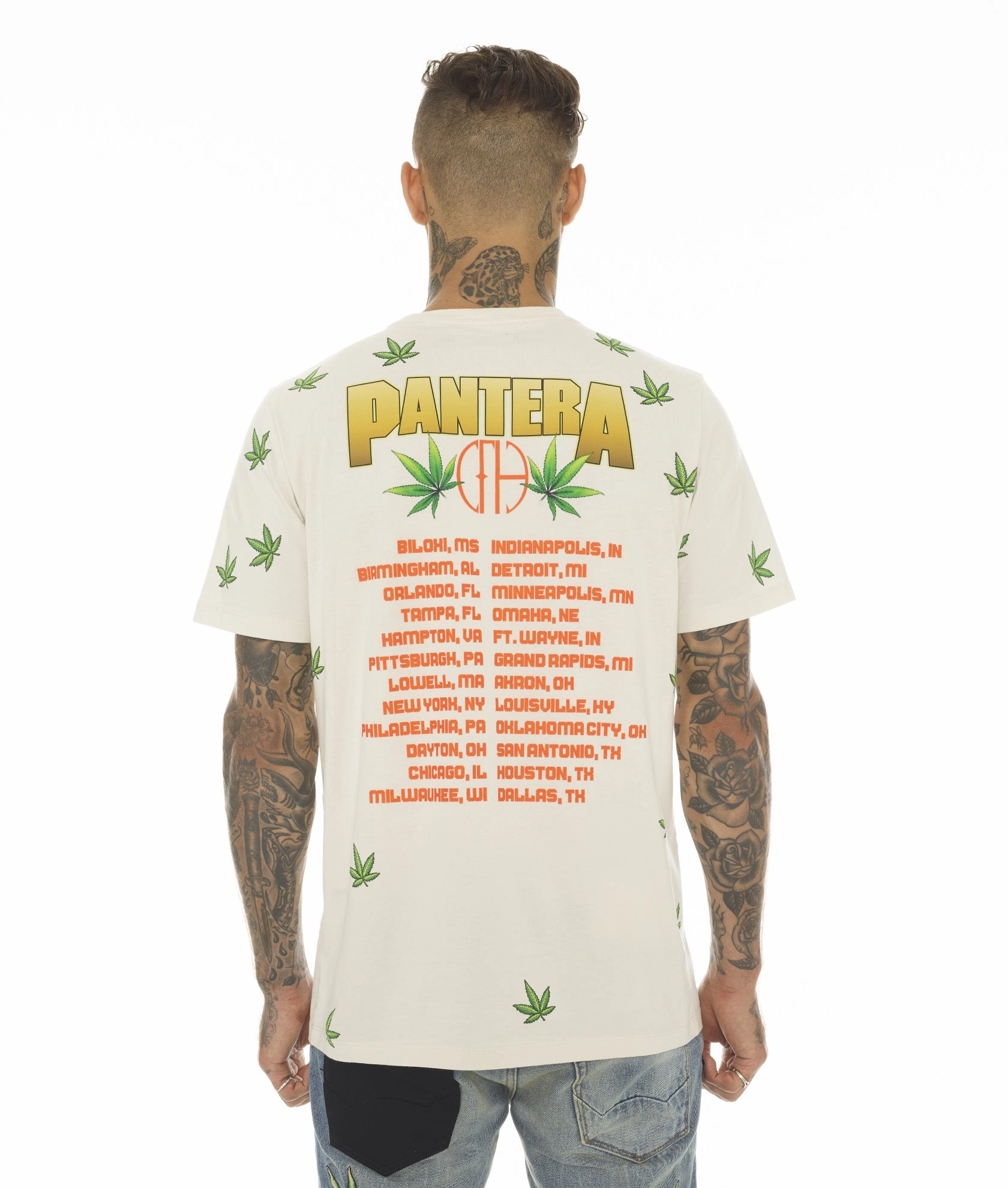 T-SHIRT SHORT SLEEVE CREW NECK TEE "PANTERA 420" IN CREAM Distressed Hem Finish