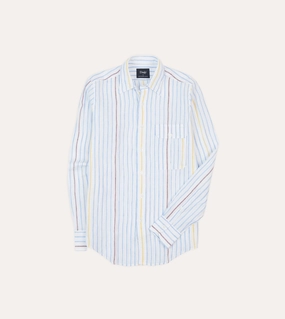 Unisex Option Student Essential Blue, White and Yellow Stripe Linen Long Point Collar Shirt