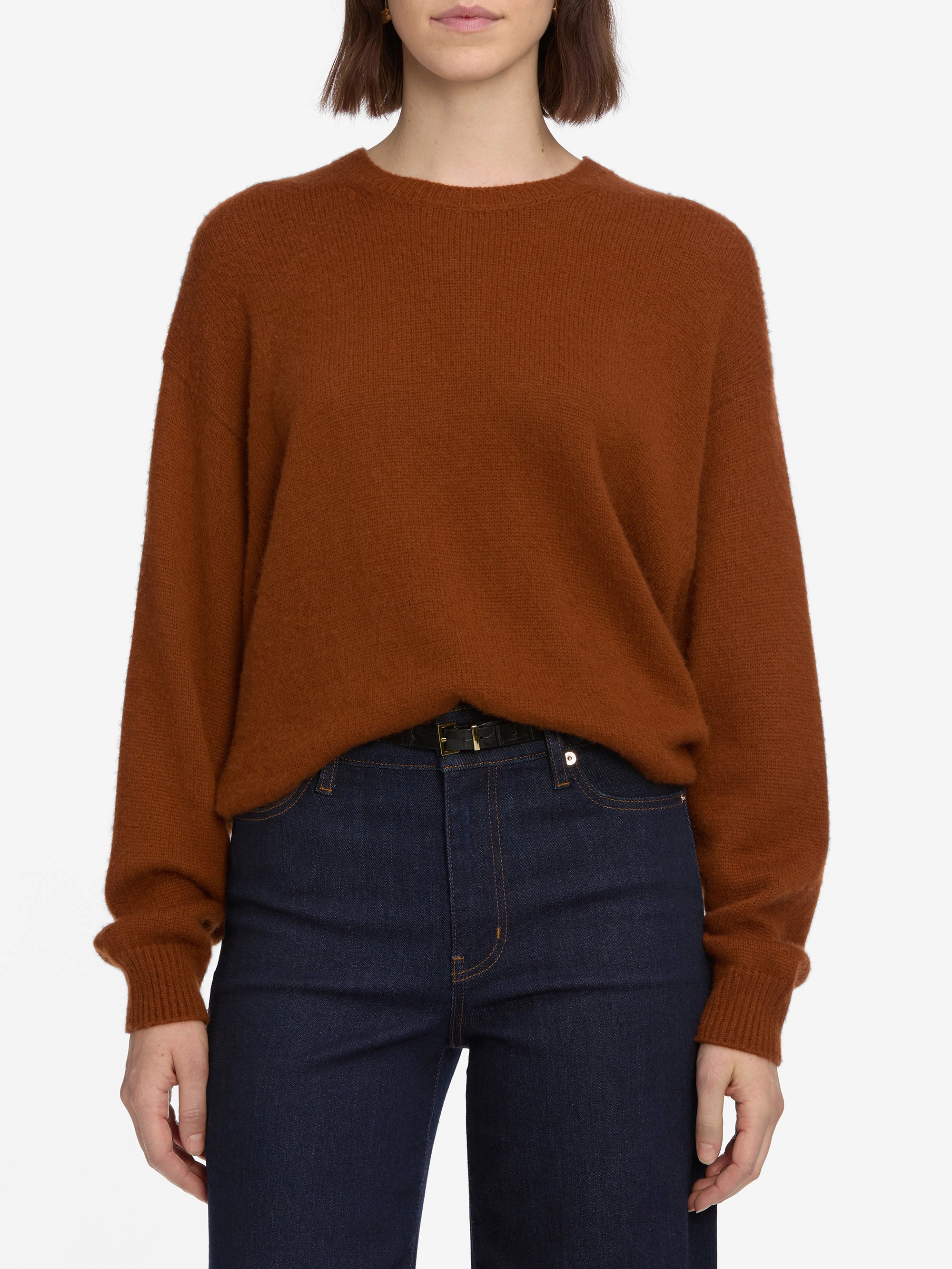 The Cashmere Brushed Sweater -- Rust Layered Neckline Moisture Wicking Fabric