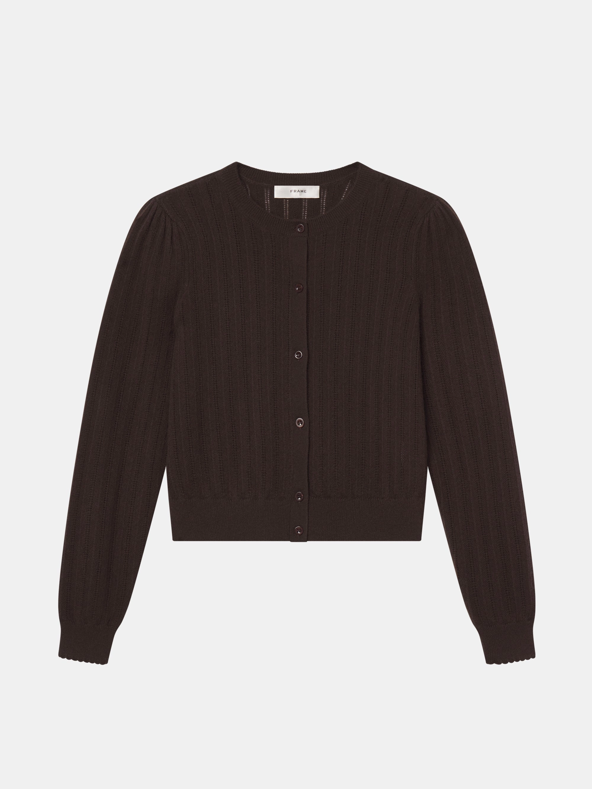 The Ladder Pointelle Cardi -- Coffee Cold Weather Knitwear Ethical Production Knitwear