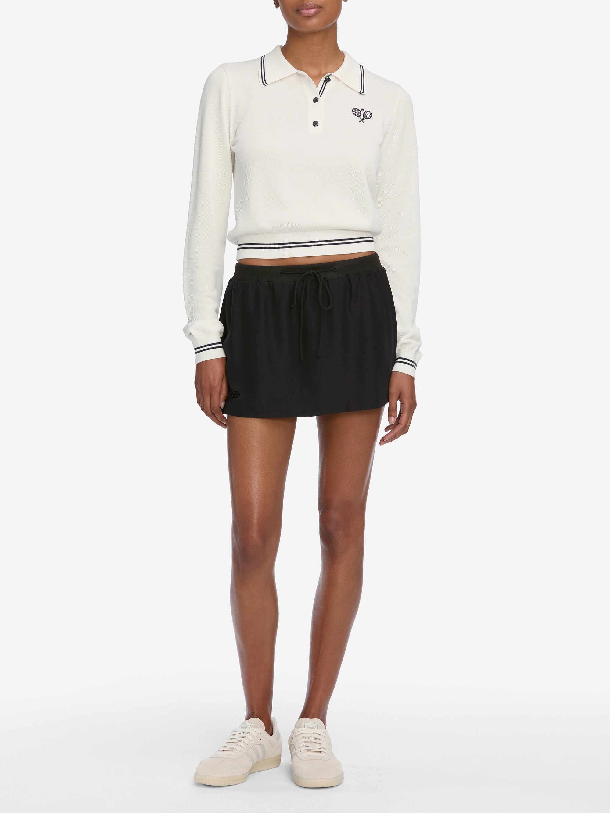 Relaxed Knitwear The Long Sleeve Tennis Polo -- White