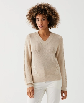 Cable Knit V-Neck Sweater Relaxed Waist Seamless Stitching