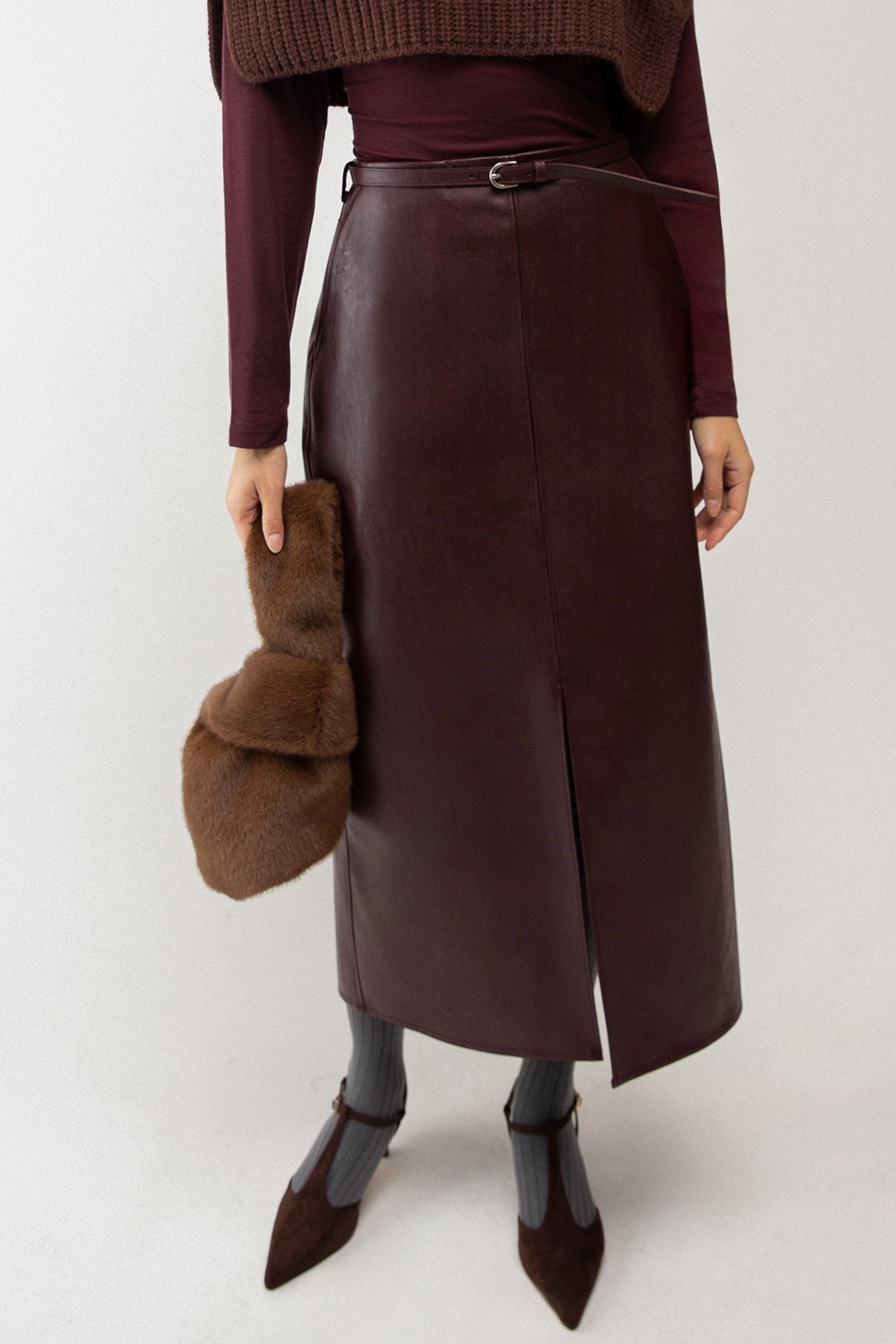 Clean Aesthetic raw hem VEGAN LEATHER MAXI SKIRT