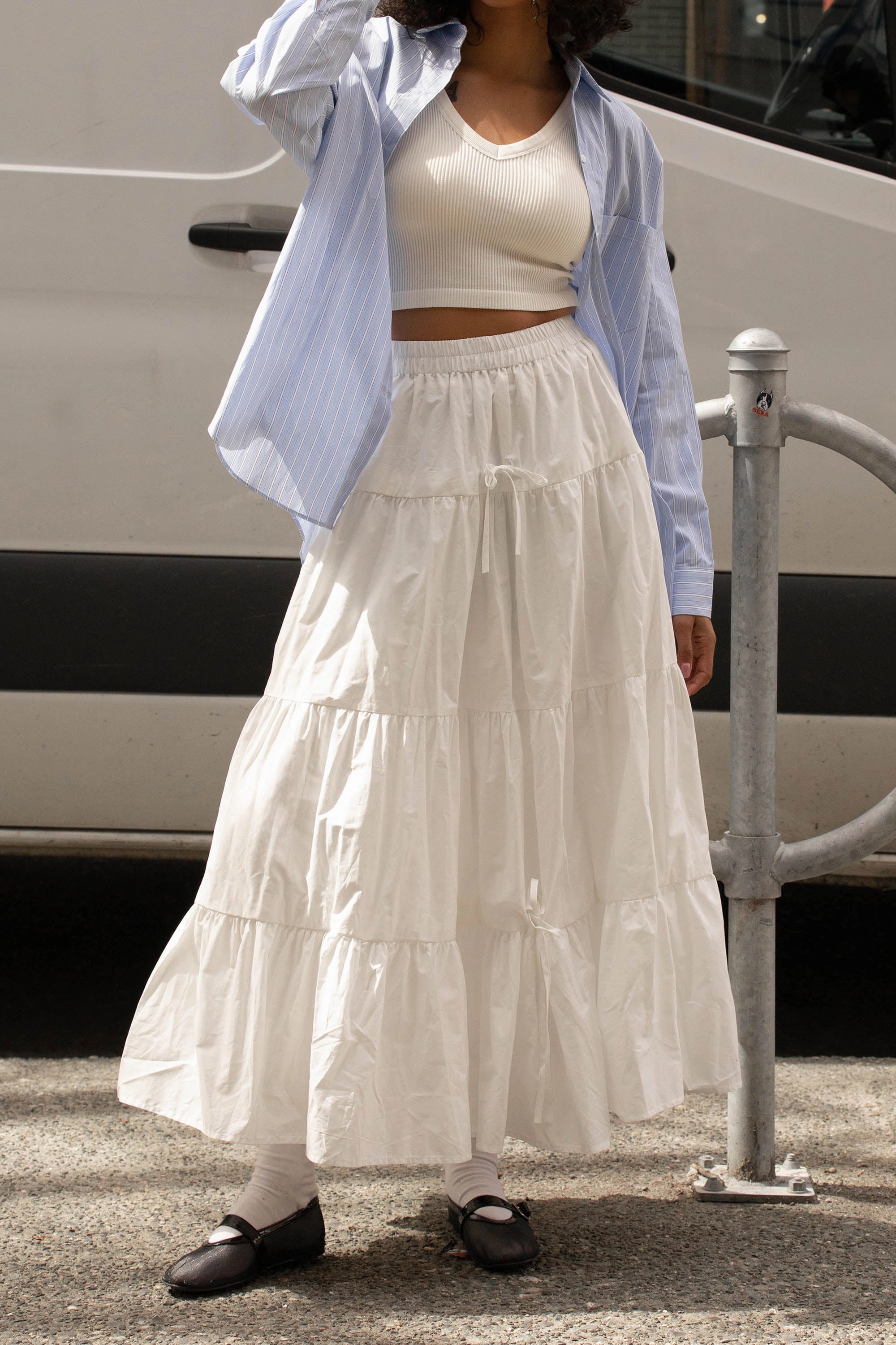 TIERED NYLON MAXI SKIRT Shirred Back