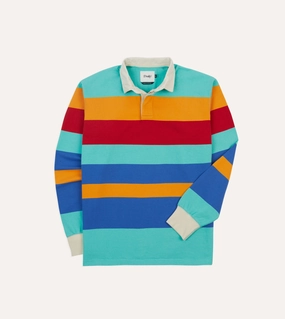 Turquoise, Yellow, Blue and Red Multi Stripe Cotton Rugby Shirt Subtle patterns Relaxed Silhouette