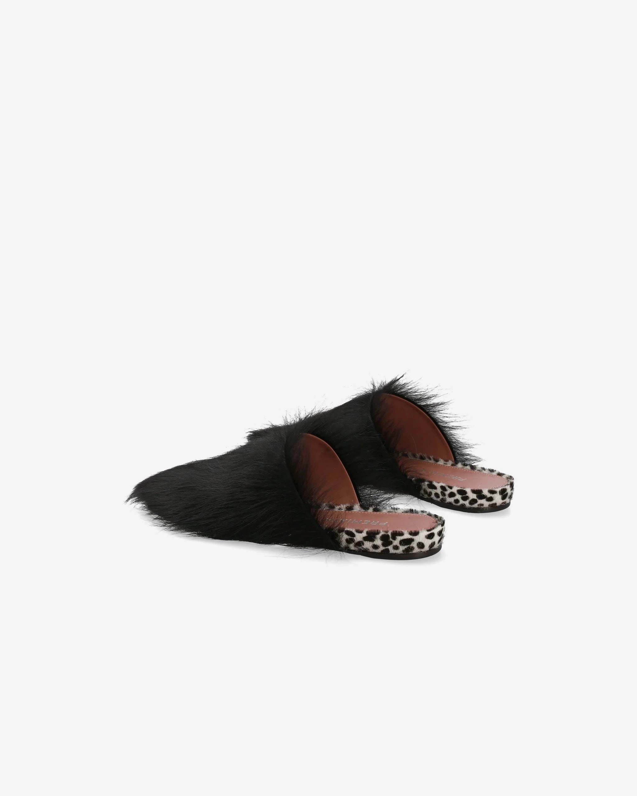 Contoured Heel Support Rope Knot Slippers in Black Leather and Fur
