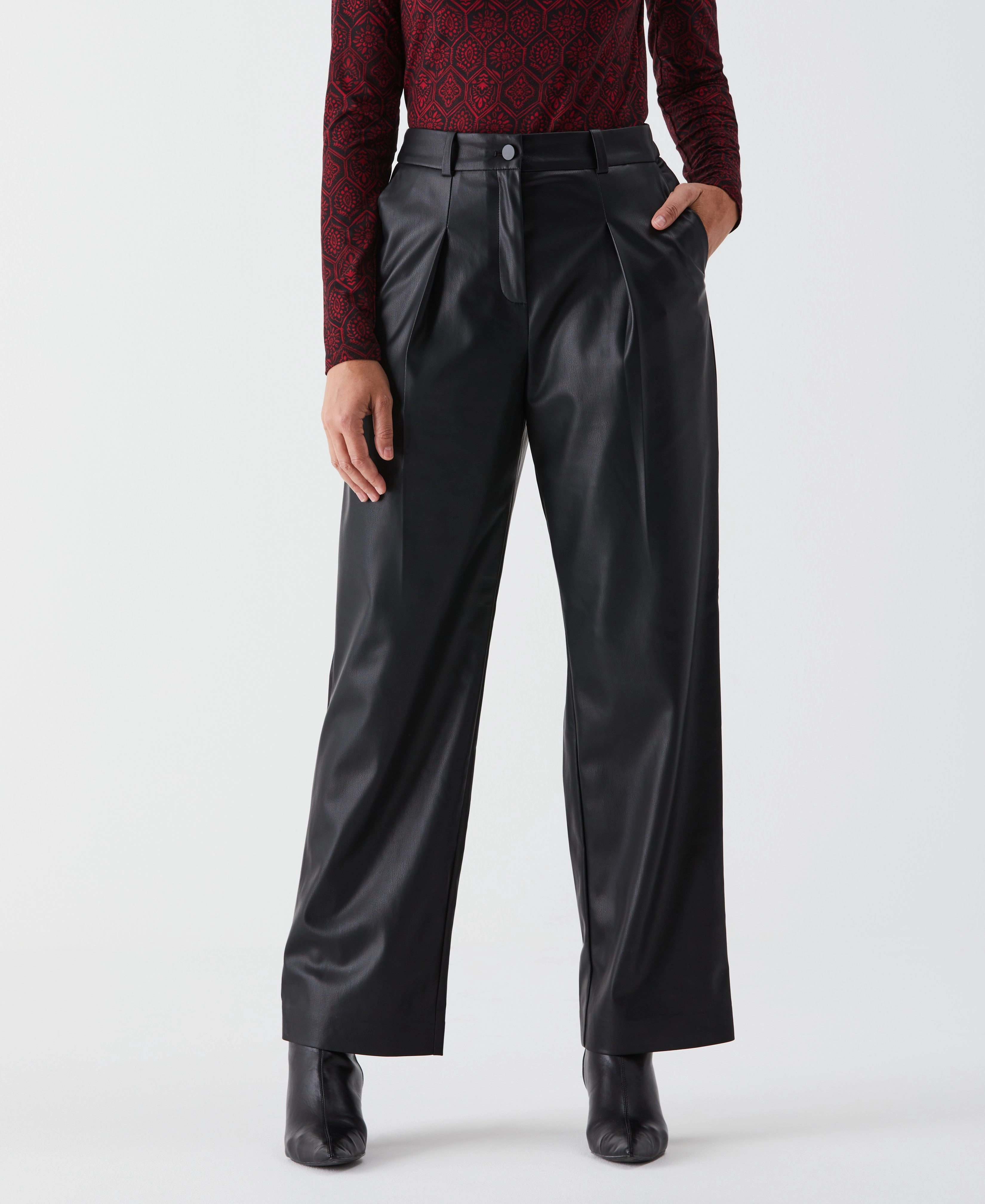 Vegan Leather Wide Leg Pleated Pant Cozy Lining