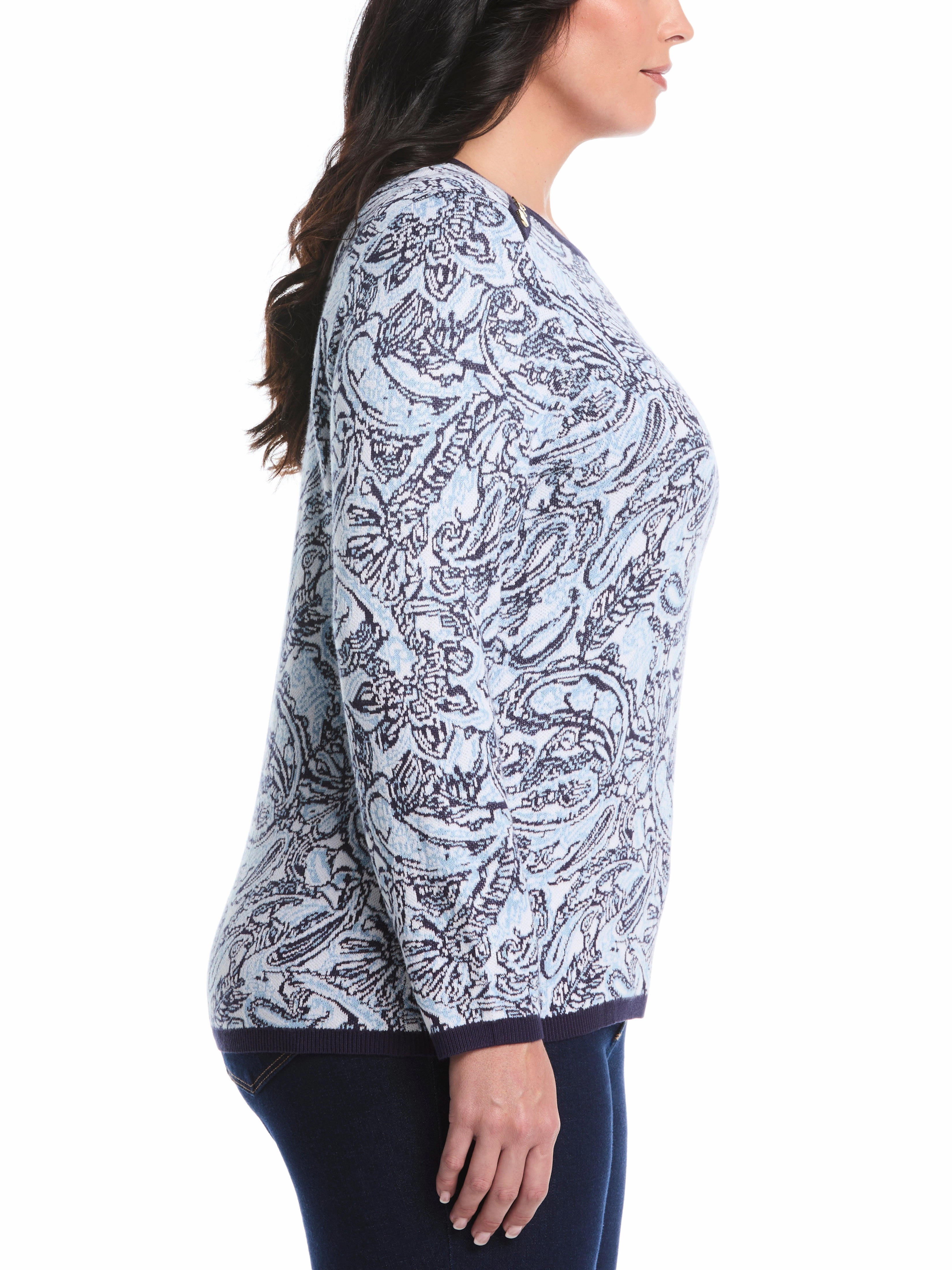Plus Size Paisley Print Rivet Detail Sweater Sophisticated Style