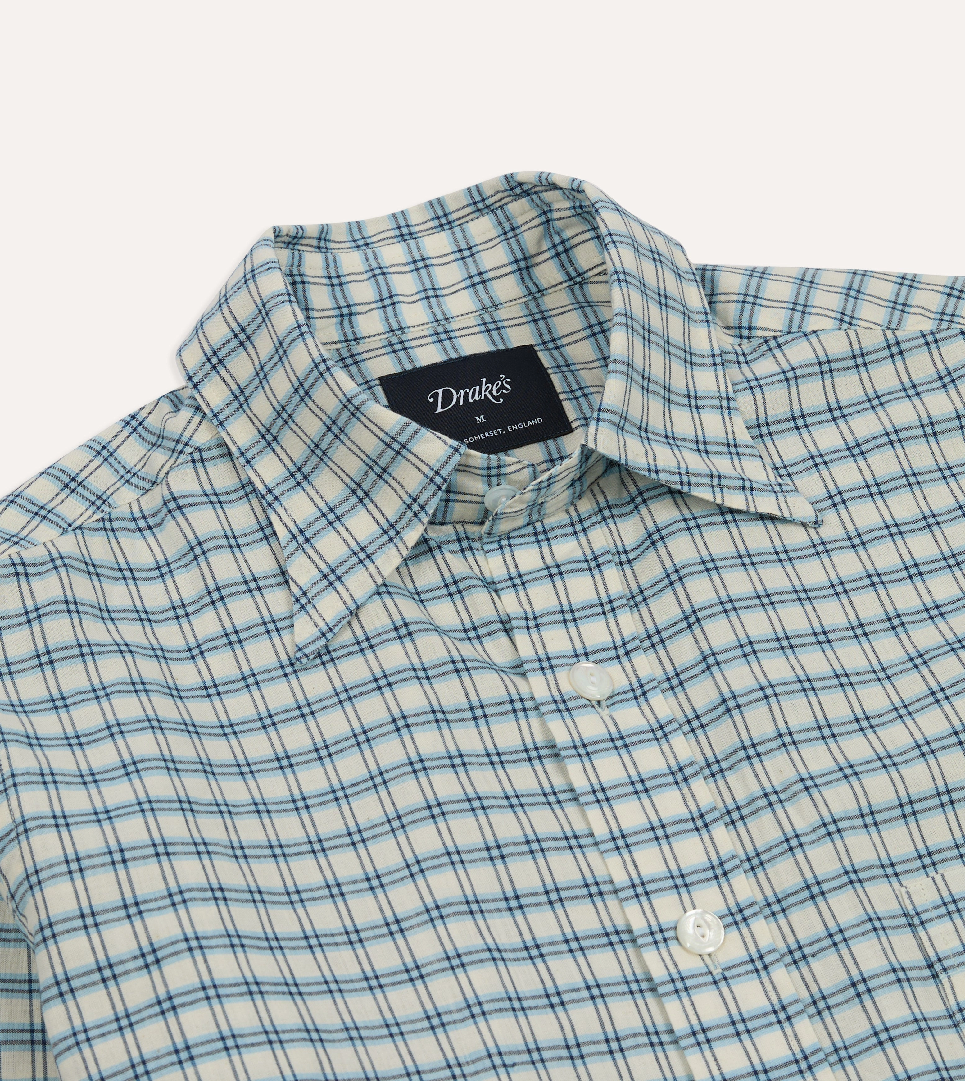 Blue and White Madras Check Cotton Long Point Collar Shirt Short Sleeve Trendy Comfort