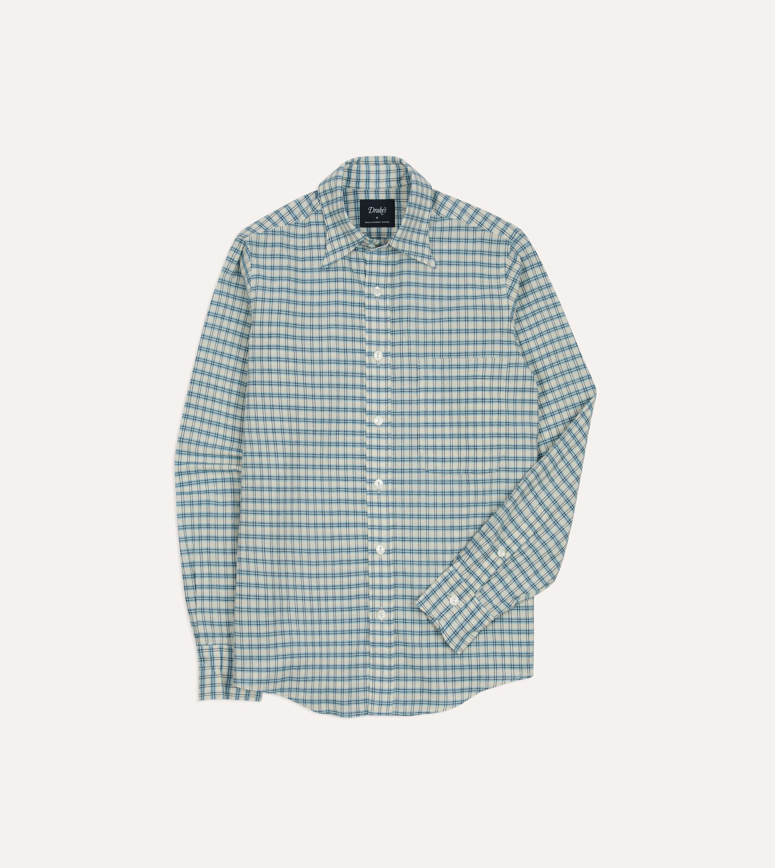 Blue and White Madras Check Cotton Long Point Collar Shirt All Purpose Weave Design Ombre look
