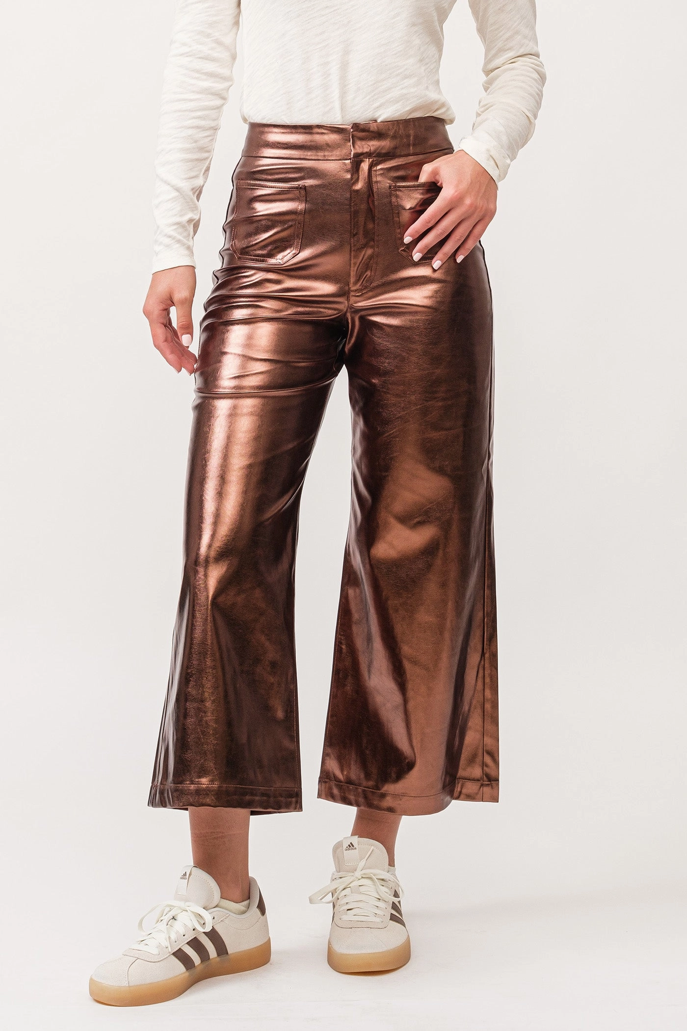 Vibrant Bold Look Street Fashion Dear John Audrey High Rise Wide Clean Hem Cropped Pants Rust Copper Foil