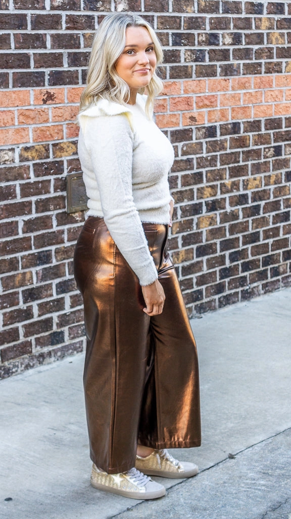 Dear John Audrey High Rise Wide Clean Hem Cropped Pants Rust Copper Foil Classic Wear Morning Stroll Casual Friday Picnic Style Nature Lover