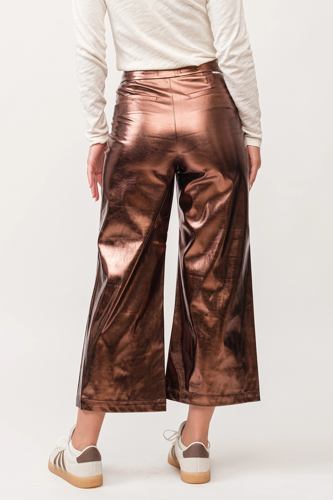 Dear John Audrey High Rise Wide Clean Hem Cropped Pants Rust Copper Foil Loose High Quality Morning Stroll Minimal Fit