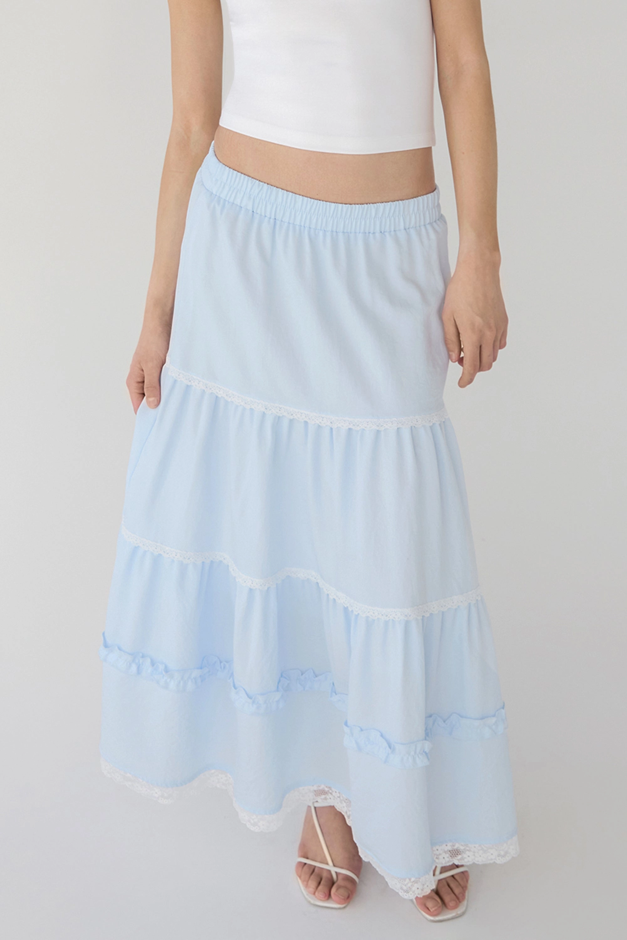 TIERED LACE TRIM MAXI SKIRT Travel Vibes Roll Up Fasten