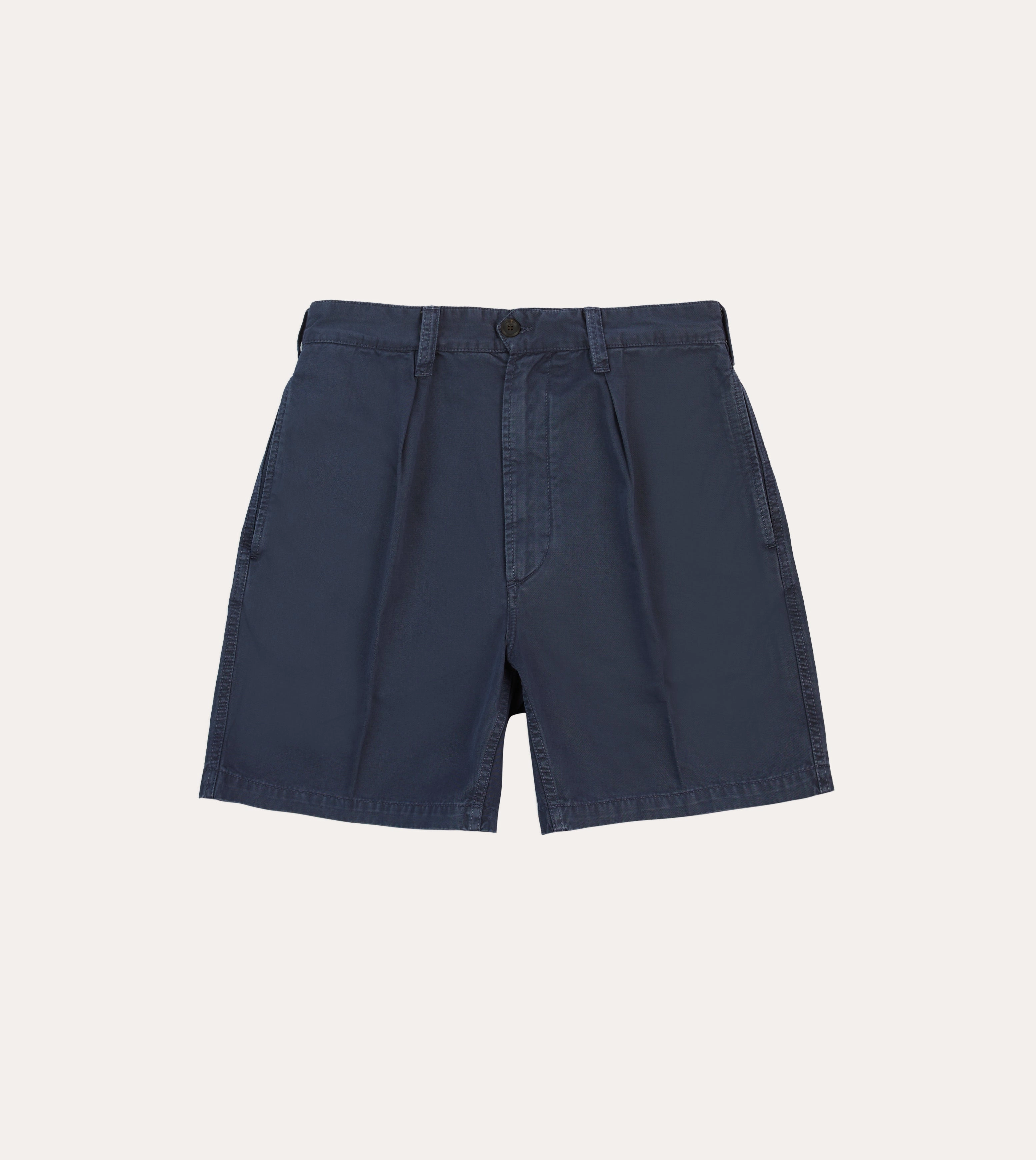 Washed Navy Cotton Twill Single-Pleat Shorts Sleek Waist Non Irritating Tags