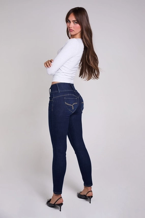 Women's Luxe Mid Rise 3-Button WannaBettaButt Skinny Jeans Weekend Getaway Stylish