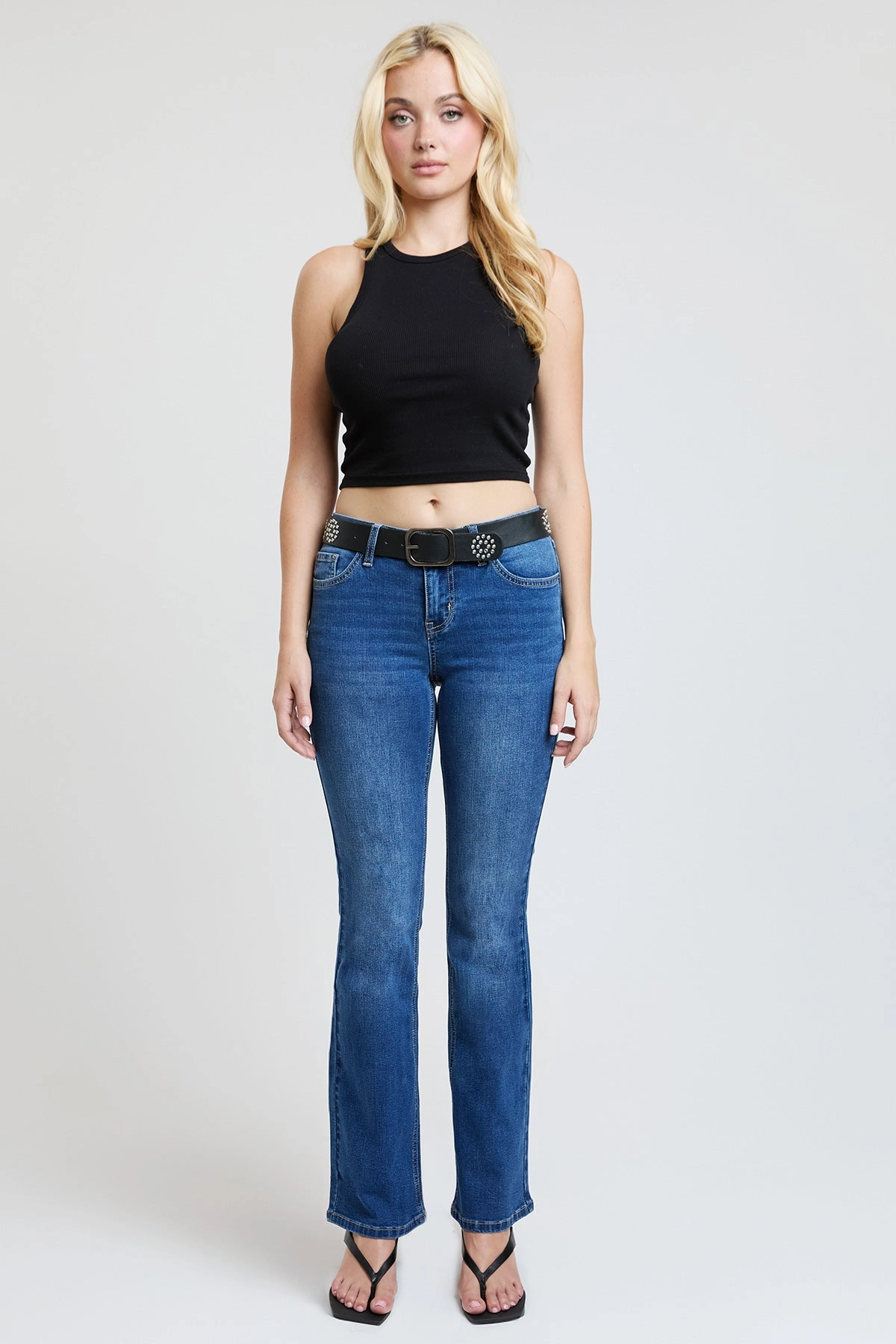 Women's Mid Rise Belted Bootcut Jeans Comfortable fit Non Fade Fabric