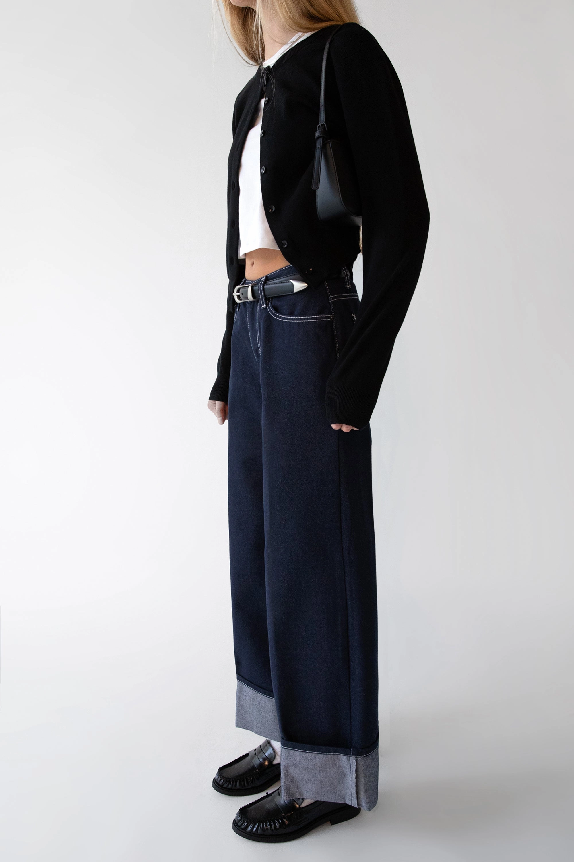 DARK BLUE HIGH-RISE CUFFED JEAN ElasticWaist LightweightWeave