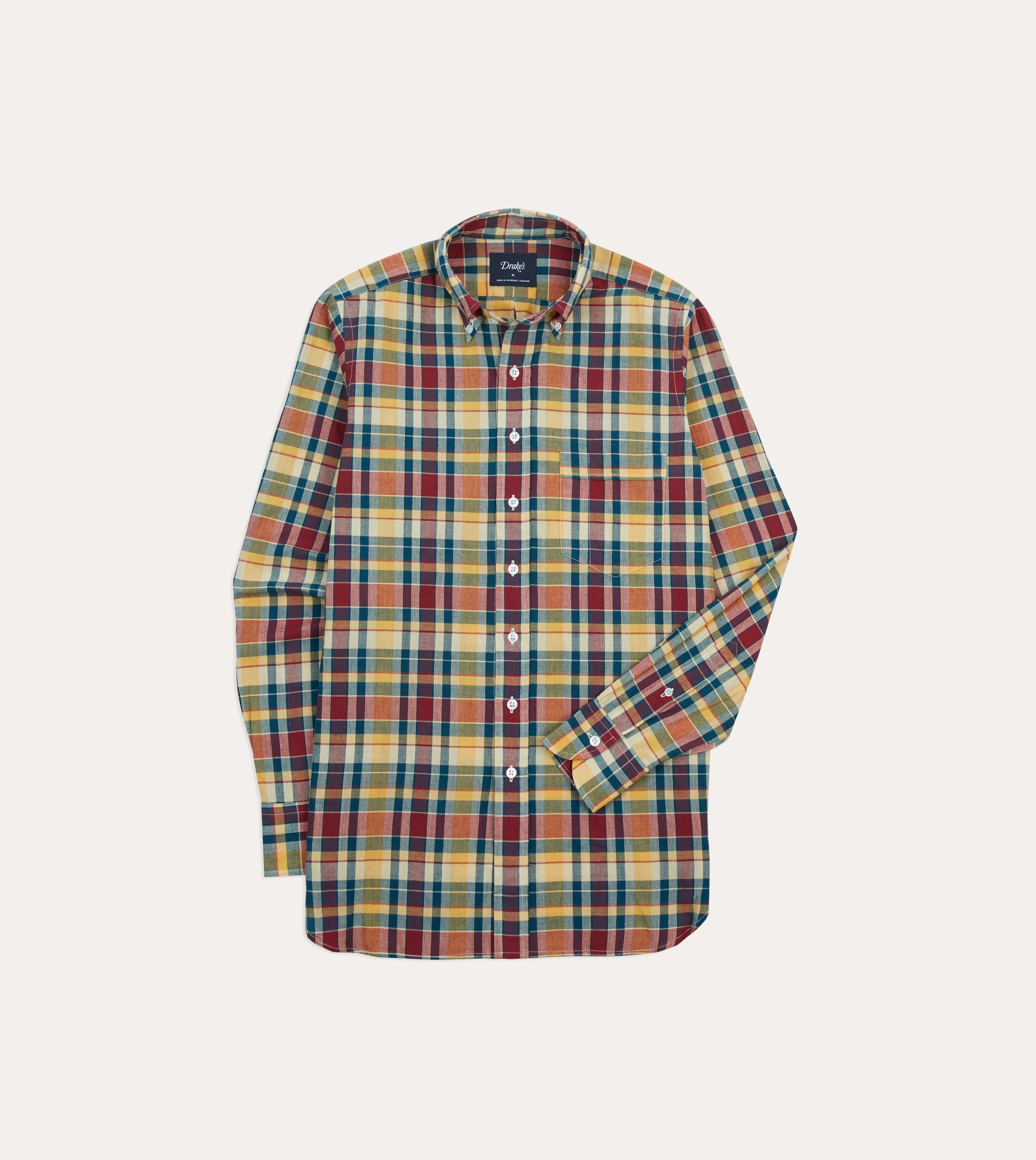Yellow, Red and Blue Madras Check Cotton Button-Down Shirt Non Irritating Tags