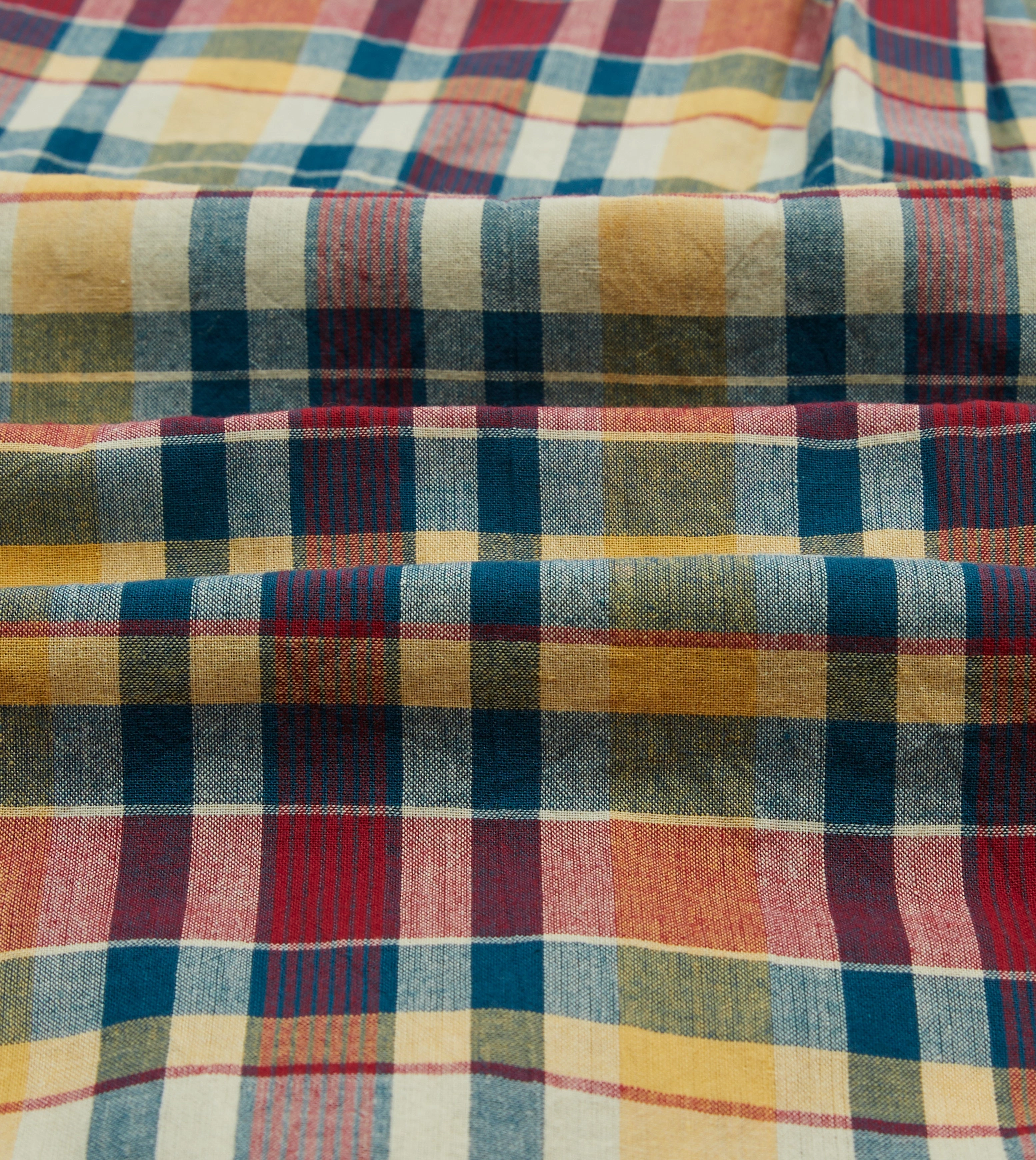 Round Collar Active Layering Yellow, Red and Blue Madras Check Cotton Button-Down Shirt